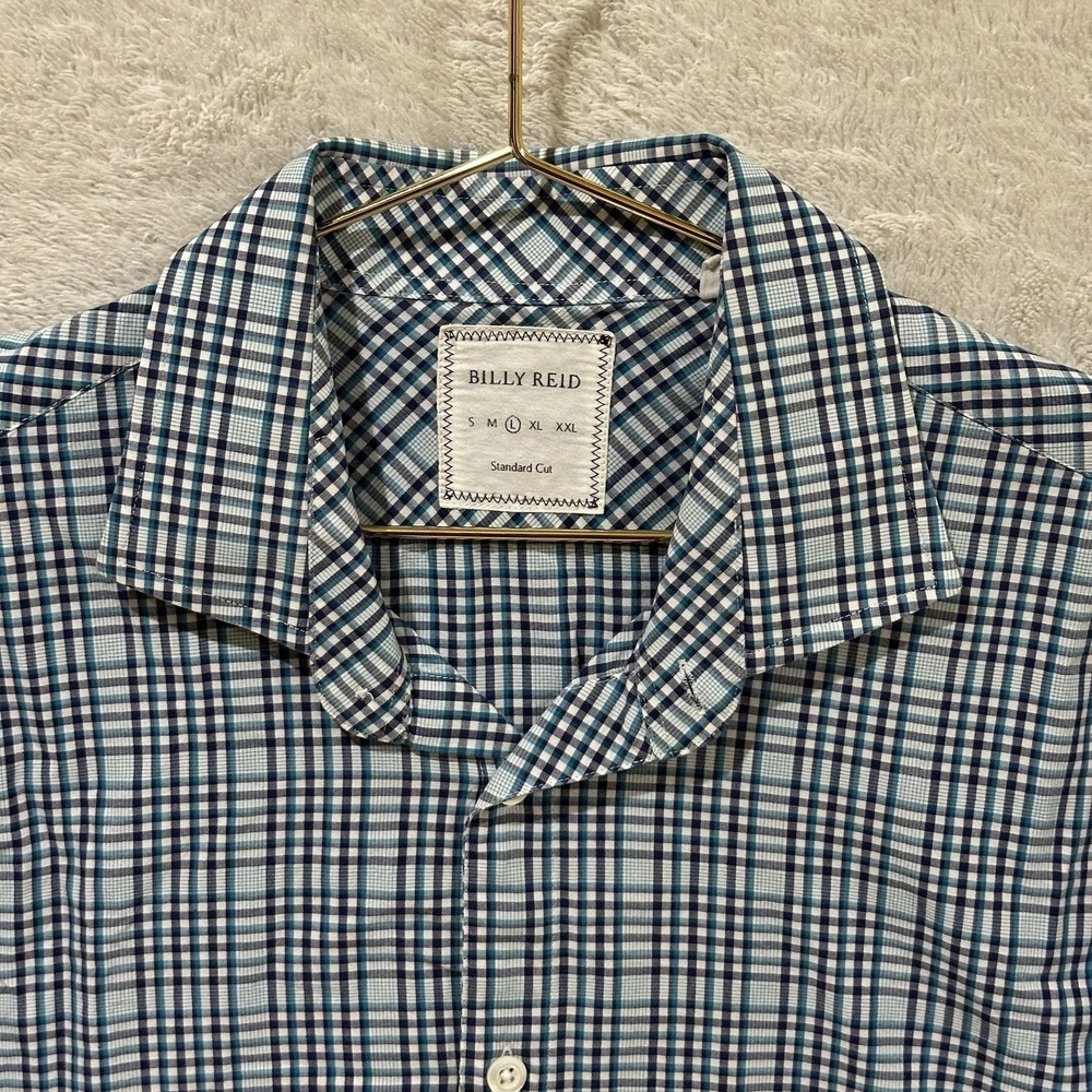 Billy Reid Shirt Mens Large Plaid Button Up Long Sleeve 100% Cotton Navy Blue